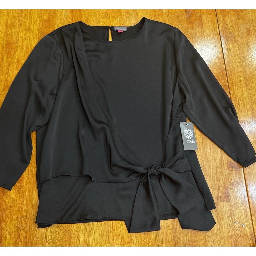 Vince Camuto Women’s Black Tie Waist Draped Overlay Blouse Top NWT Size Xl